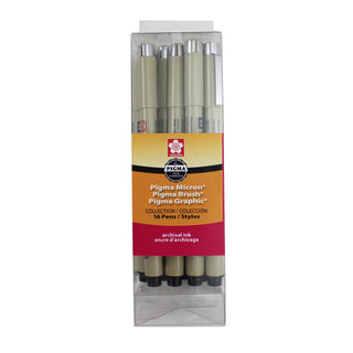 Sakura Pigma Micron, Brush and Graphic Markers - Set of 16, Black, Assorted Sizes